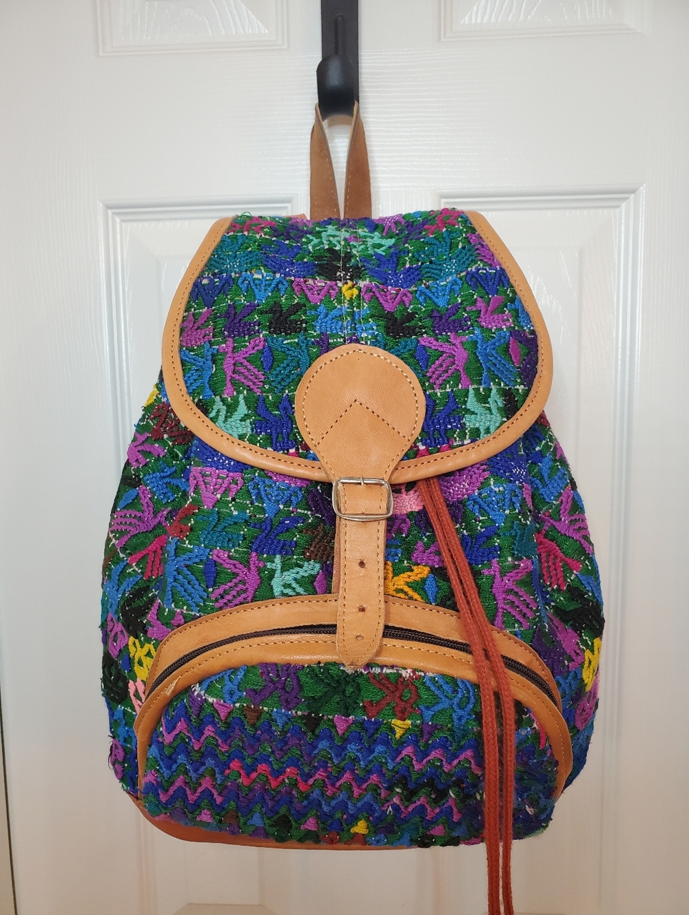 Boho Guatemalan Leather Backpack Woven Tribal Artisan Huipil Bag Multicolor